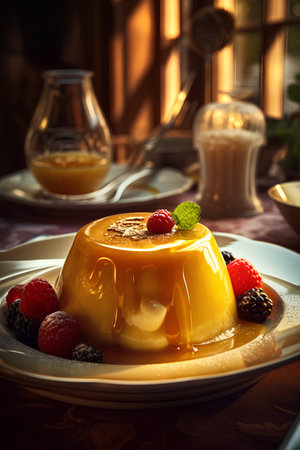 Delicious panna cotta with caramel and fresh raspberriesの素材