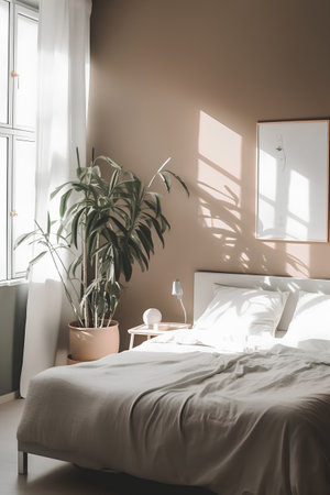 Modern bedroom interior in light colors with a bed and a flowerpotの素材