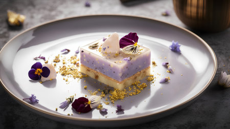 Dessert with violet flowers on a white plate on a dark backgroundの素材