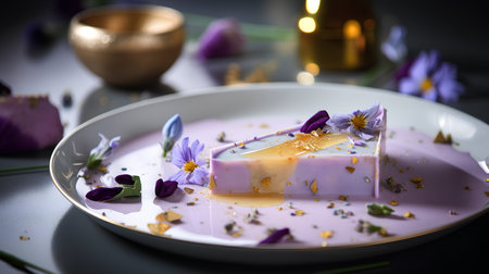 Panna cotta with violet flowers on a white plate. Selective focus.の素材