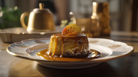 Panna cotta dessert with caramel sauce on a white plate.の素材