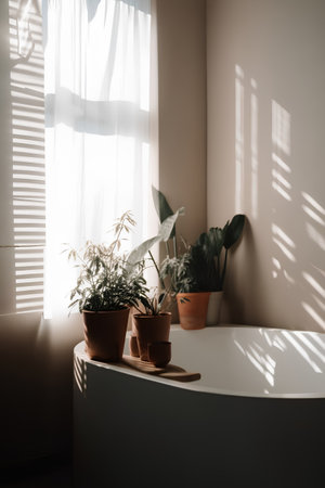 Indoor plants in a pot on a white table with sunlight.の素材