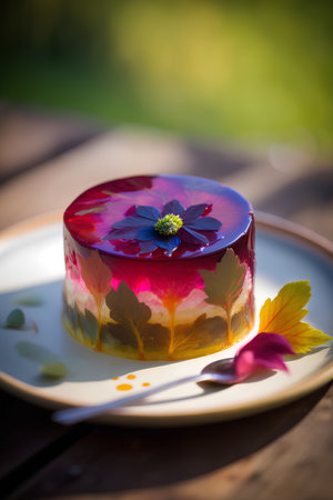 Panna cotta with wildflowers on a wooden table.の素材
