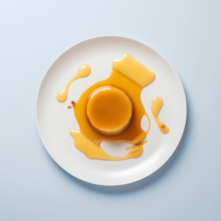 Flat lay of plate with honey and egg yolk on blue backgroundの素材