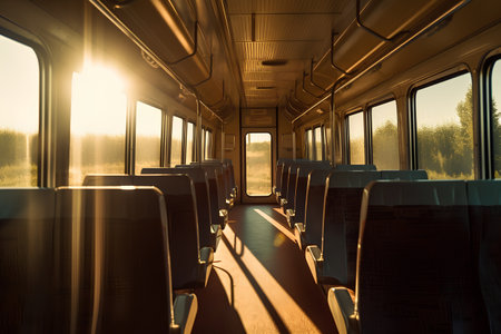Interior of a train with seats and window in the sunlight.の素材