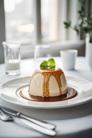 Panna cotta with caramel sauce on a white plate in a restaurantの素材