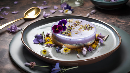 Panna cotta with lavender and wild flowers on a plateの素材