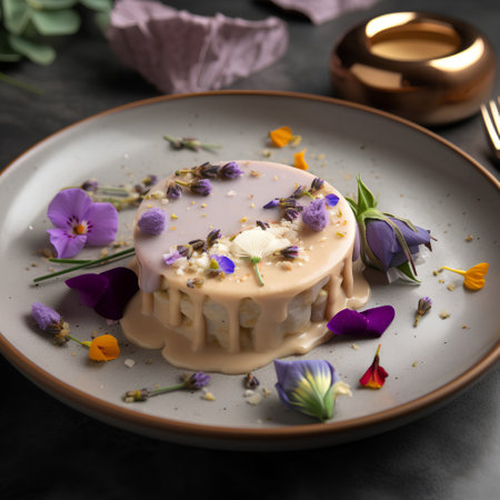 Panna cotta with butter cream and lavender flowers on a plateの素材