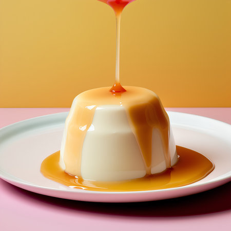 Panna cotta with caramel sauce on a pink and yellow backgroundの素材