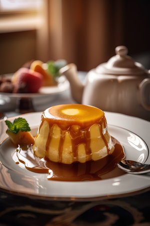 Closeup of caramel pudding served on white plate with teapotの素材