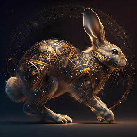 Golden hare with floral ornament on dark background. 3d illustrationの素材