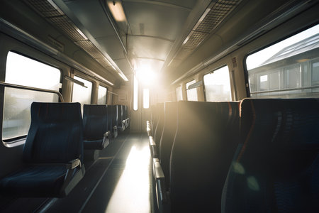 Interior of a train with seats and sunlight in the background.の素材