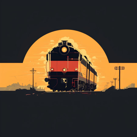 Train on the background of the setting sun. Retro vector illustration.の素材
