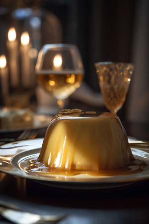 Panna cotta with caramel sauce and two glasses of white wineの素材