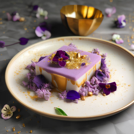 Panna cotta with purple flowers and gold glitter on a plateの素材