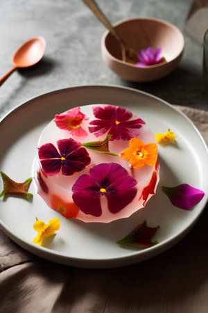 Homemade jelly with flowers on a plate. Selective focus.の素材