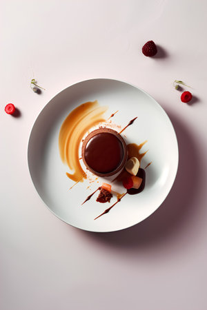 Chocolate fondant with strawberries on a white plate, top viewの素材