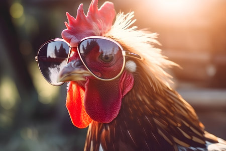 Portrait of a rooster with sunglasses on a sunny day.の素材