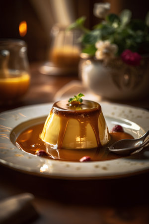 Panna cotta with caramel sauce, selective focus, shallow DOFの素材
