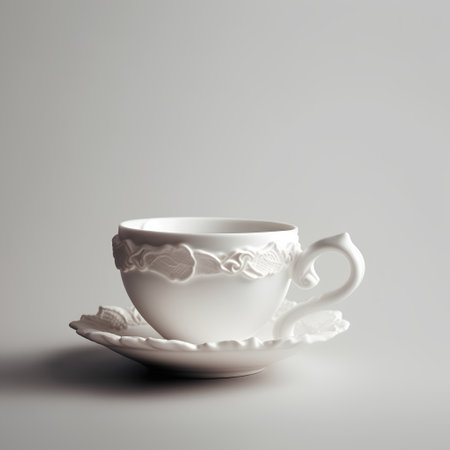 White porcelain cup with saucer on a white background.の素材