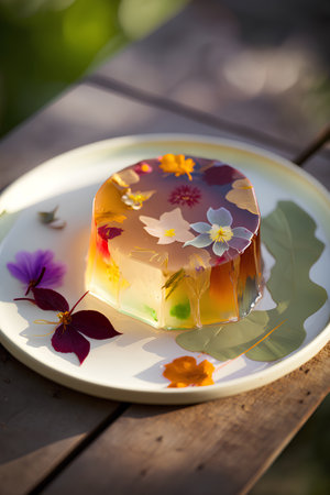 Colorful jelly with flowers on a white plate on a wooden tableの素材
