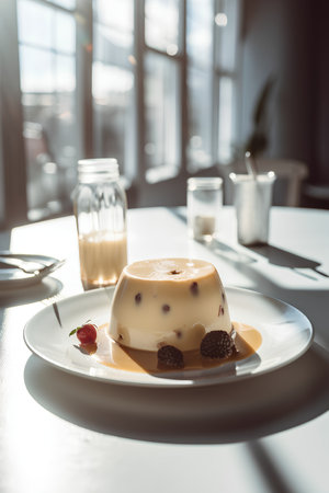 Creamy panna cotta with caramel sauce and fresh berriesの素材