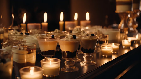 Dessert table in a restaurant with candles in the dark, shallow depth of fieldの素材