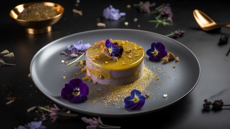 Pudding with fresh edible flowers on a dark background. Selective focus.の素材