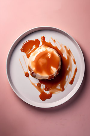 Delicious egg with caramel sauce on plate on pink background, top viewの素材
