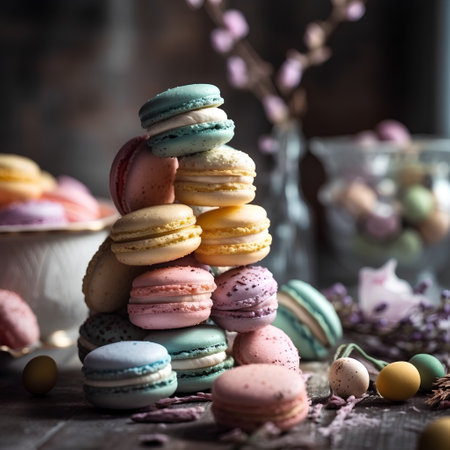Colorful macaroons on a wooden table. Selective focusの素材