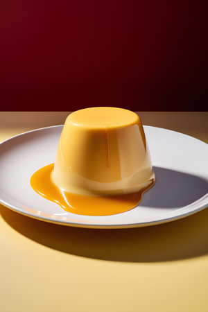 Panna cotta with caramel sauce on a white plate on a red backgroundの素材