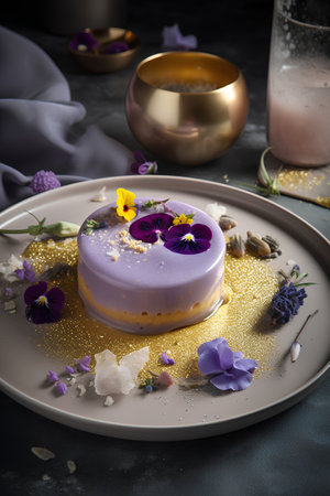 Cake with violet flowers and pistachios on a dark backgroundの素材