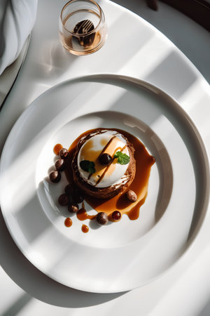 Chocolate Souffle with ice cream and caramel sauce on a white plateの素材