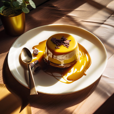 Panna cotta with chocolate and caramel sauce on a white plateの素材