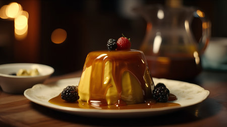 Panna cotta with caramel sauce and berries on a wooden tableの素材