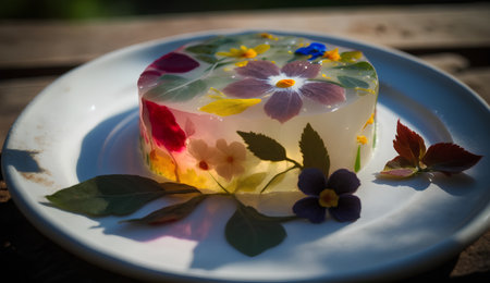 Mousse cake with flowers on a white plate on a wooden tableの素材