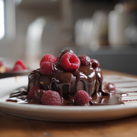 Chocolate cake with raspberries and chocolate sauce on wooden tableの素材