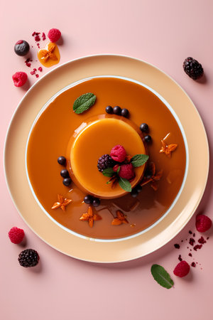 Flat lay of caramel pudding with berries and mint on pink backgroundの素材