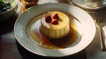 Vanilla pudding with raspberries and honey on a white plateの素材