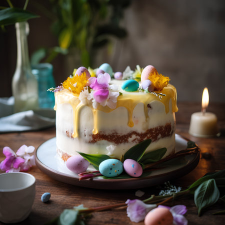 Easter cake with eggs and flowers on a wooden background. Selective focus.の素材