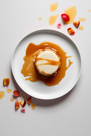 Panna cotta with caramel on a white plate, top viewの素材
