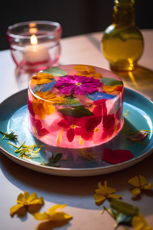 Candle in a glass candlestick with flowers on a wooden tableの素材