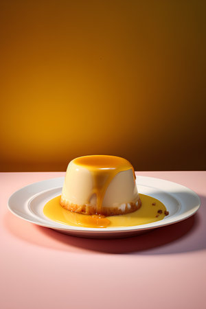 Panna cotta with caramel sauce on a white plate on a pink backgroundの素材