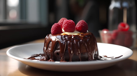 Chocolate cake with raspberries and chocolate sauce on a white plateの素材