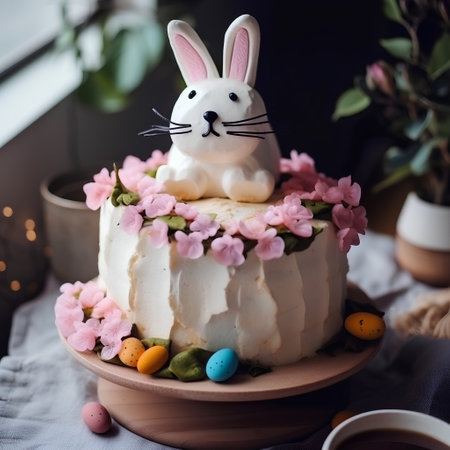 Easter cake with rabbit and easter eggs on a dark backgroundの素材