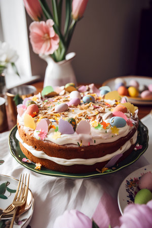 Easter cake with chocolate eggs and tulips, selective focus.の素材