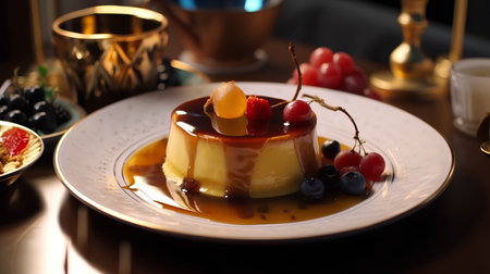 Close up of a caramel custard pudding served on a white plateの素材