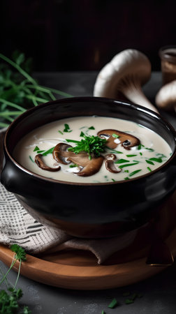 Mushroom soup with cream and parsley. Selective focusの素材