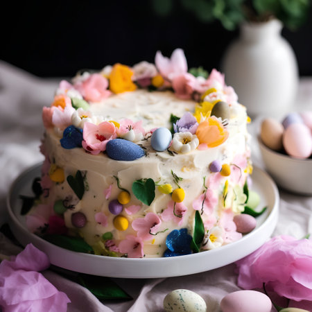 Easter cake with eggs and flowers on a dark background, selective focusの素材