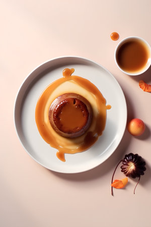 Panna cotta with caramel sauce and cup of tea on pastel backgroundの素材
